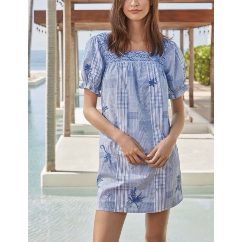 JOHNNY WAS Workshop Marbella Blue Plaid Embroidered Square Neck Park Dress L